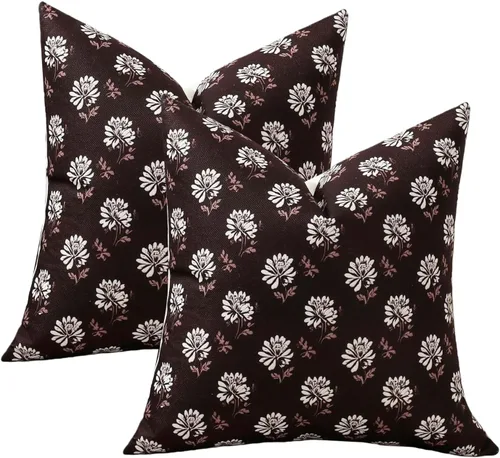 Vista 8 de Juego de 2 fundas de almohada de lino de algodón con flores, fundas de cojín decorativas de estilo pastoral de impresión en bloque de 45 x 45 cm