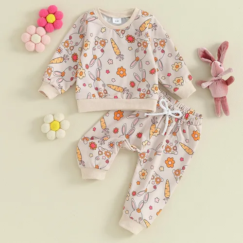 Vista 2 de Conjunto de 2 piezas de sudadera con estampado de conejito de manga larga para bebés, niños y niñas, 2 piezas, ropa de primavera para bebés