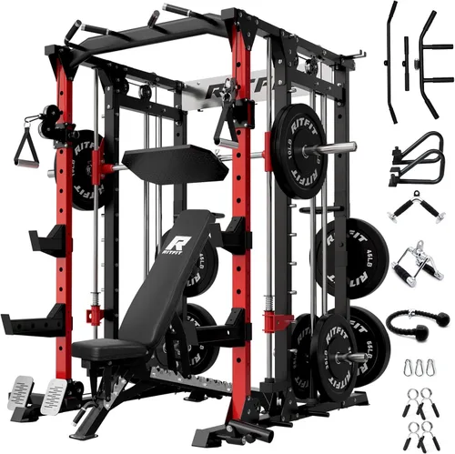 Vista 12 de RitFit Máquina Buffalo Smith, jaula eléctrica con sistema LAT-Pull Down y sistema de cruce de cables, estante de sentadillas todo en uno