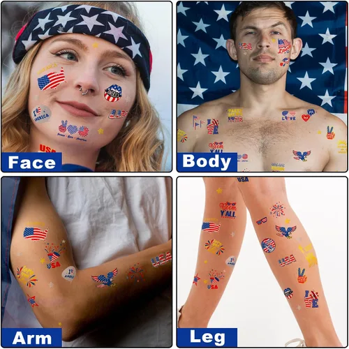 Vista 5 de 64 PIEZAS 4 Hojas Juego de Tatuajes Temporales del 4 de Julio, Decoraciones Patrióticas para Fiestas de Cara y Cuerpo, Calcomanías de Tatuajes