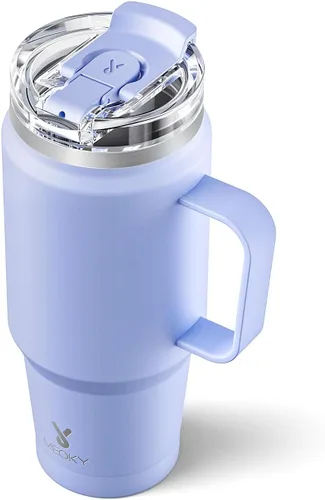 Vista 10 de Meoky Vaso de viaje de acero inoxidable de 40 onzas con asa, taza de viaje de acero inoxidable con tapa para sorber 2 en 1, taza de café aislada al