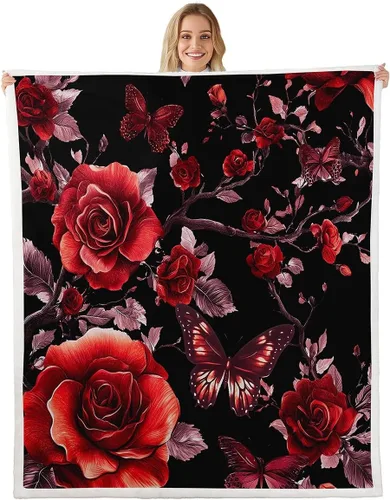 Vista 16 de Manta de franela azul rosa para todas las estaciones, manta de cama gótica de mariposa para decoración del hogar kawaii, manta rústica con flores