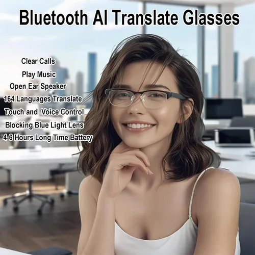 Vista 3 de Lentes inteligentes AI con traducción en tiempo real para 164 idiomas, lentes de traducción Bluetooth 5.4 para hombres y mujeres, bloqueo de luz