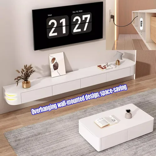 Vista 4 de Consola flotante de TV para montaje en pared, gran unidad negra con cajones de almacenamiento y soporte de enrutador, 94.5 x 7.9 x 9.4 in