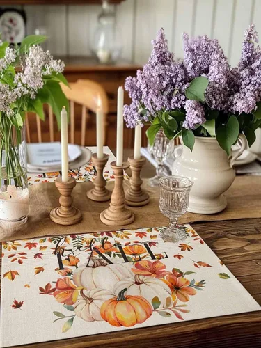 Vista 2 de Manteles individuales para mesa de comedor, juego de 4 manteles individuales para otoño, Acción de Gracias, calabaza, flor y girasol, manteles