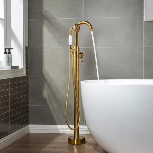 Vista 8 de WOODBRIDGE Grifo de llenado de bañera independiente contemporáneo de una sola manija con ducha de mano en acabado dorado cepillado, F0007-BGVT