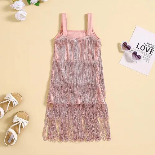 Vista 3 de Vestido de lentejuelas para niños, vestido sin mangas con borlas brillantes, vestido de baile latino para fiesta, vestido de baile latino, 1-6T