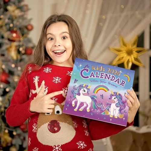 Vista 2 de Calendario infantil 2026 – Calendario de unicornio 2026 de 12 x 12 pulgadas para niños con más de 400 calcomanías divertidas, perfecto