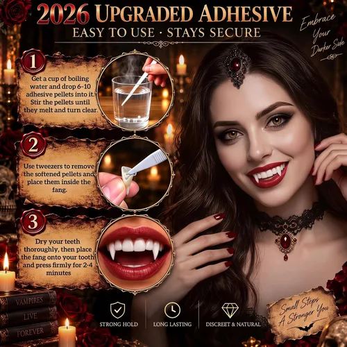 Vista 6 de Dientes de vampiro, colmillos de vampiro realistas para fiesta de Halloween Marfil suave