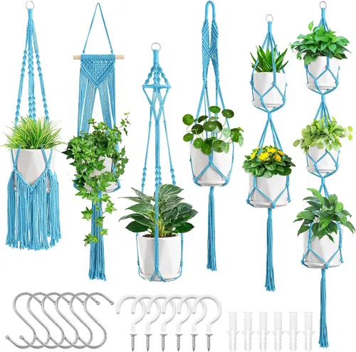 Vista 15 de SFENNGPET - Paquete de 6 perchas de macramé para plantas, juego de 6 perchas colgantes para plantas de interior con kit de 6 perchas hechas a mano