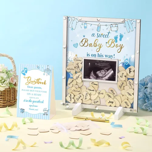 Vista 6 de Beeveer 65 piezas de libro de invitados para baby shower, libro de invitados azul para baby shower, libro de invitados con marco de fotos y 60 chips
