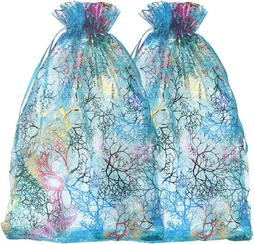 Vista 6 de Zwish Paquete de 50 bolsas de regalo de organza de 8 x 12 pulgadas, estilo azul coral para juguetes, dulces, chocolate, fiesta, Navidad, regalo