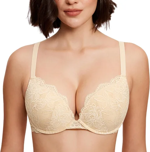 Vista 17 de DOBREVA - Brasier de encaje con efecto push up para mujer, con aros, con inmersión, cobertura completa, sexy, talla grande, con soporte Beige
