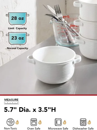 Vista 4 de LE TAUCI Cuencos para sopa con asas - 28 oz de cerámica sin plomo para sopa de cebolla francesa, aptos para horno y microondas, diseño resistente al