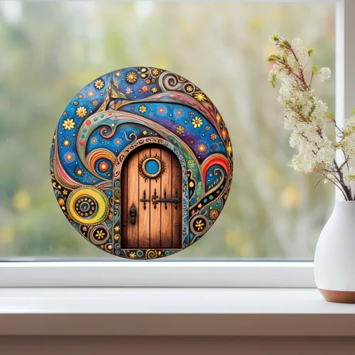 Vista 2 de Night Time Starry Sky Fairy Door with Flowers - Adhesivo de pared 3D para puerta de hadas
