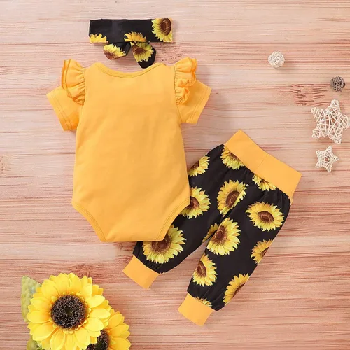 Vista 3 de Yvowming Conjunto de 3 piezas de ropa para bebé recién nacida con volantes + pantalones + diadema