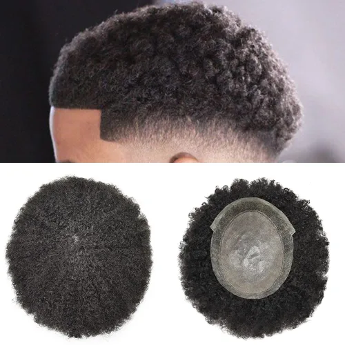Vista 4 de Toupee - Unidad de cabello rizado afro para hombres negros, centro de encaje transpirable, cabello humano natural, inyección de mano afroamericana