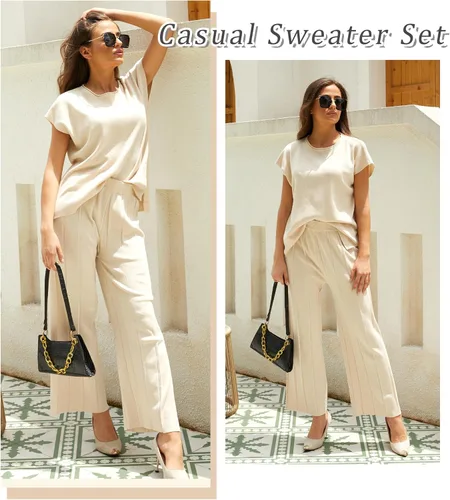 Vista 6 de Conjunto de suéter de 2 piezas para mujer, conjunto de descanso de punto, chaleco y pantalones de cintura alta