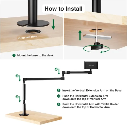 Vista 8 de elitehood Soporte de escritorio para iPad de brazo largo con base de montaje con ojales, soporte de aluminio resistente para tableta, soporte