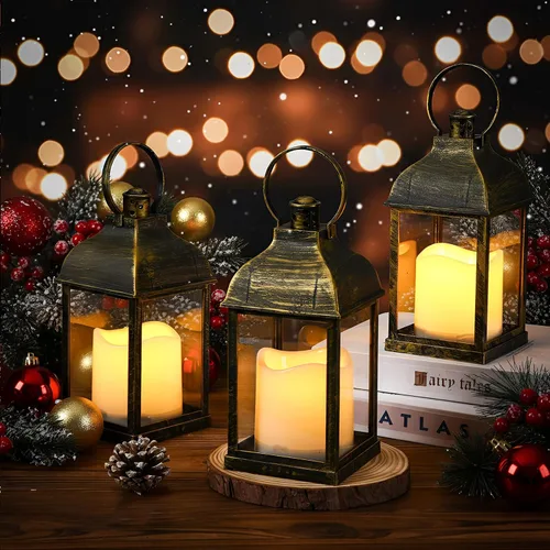 Vista 4 de Juego de 12 faroles decorativos de bronce de 10 pulgadas para velas a granel, centro de mesa con vela LED sin llama, para interiores y exteriores