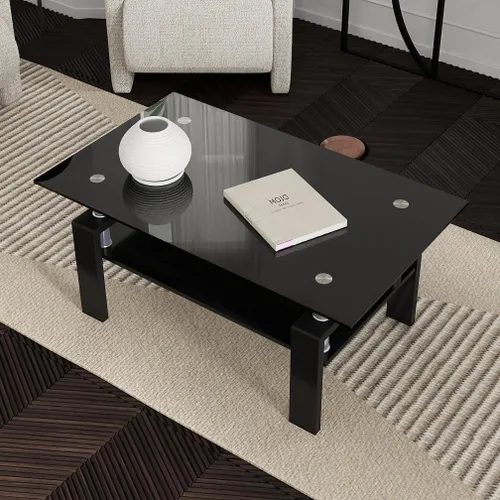 Vista 8 de IANIYA Mesa de Centro de Vidrio, Mesa de Centro Rectangular Negra para Sala de Estar con Vidrio Templado y Tubo de Metal, 2 Niveles de Espacio
