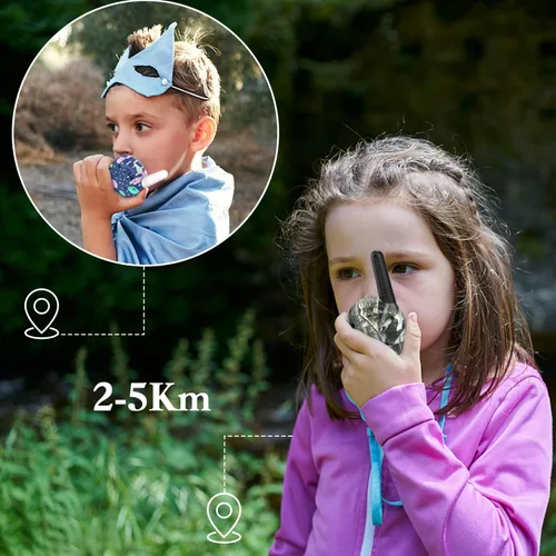 Vista 4 de QNIGLO Walkie Talkies para acampar para niños recargables, Walkie Talkies de camuflaje para niños y niñas, adecuados para juegos de aventura al aire