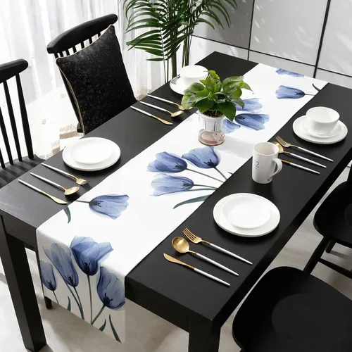 Vista 5 de Camino de mesa floral de tulipán azul, algodón y lino, pequeñas bufandas de 36 pulgadas, diseño rústico de flores para cocina, café, mesa