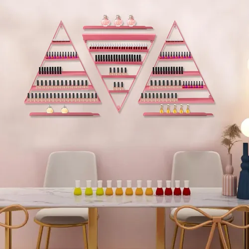 Vista 13 de Estante de almacenamiento de esmalte de uñas de metal para montar en pared, organizador de esmalte de uñas triangular de 5 niveles, soporte