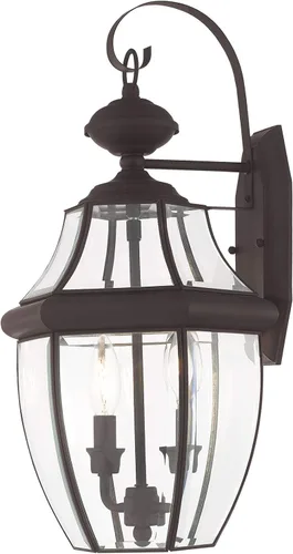 Vista 4 de Livex Lighting 2251-07 Monterey - Farol de pared de latón macizo con acabado en bronce de 2 luces para exteriores con cristal biselado transparente