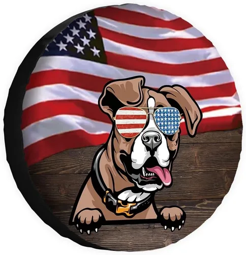 Vista 14 de Cubierta de neumático de repuesto para perro, Basset Hound con gafas de sol, con bandera de Estados Unidos, fundas protectoras de ruedas a prueba