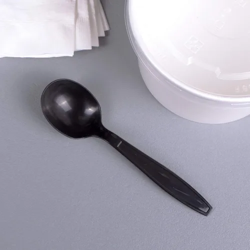 Vista 4 de Karat [5.6 pulgadas - 1000 piezas] Cuchara de sopa desechable de plástico de peso pesado envuelta individualmente negra (U3532B)