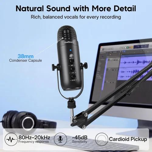 Vista 2 de ZealSound - Micrófono para podcast con brazo de brazo, micrófono USB con reducción de ruido, silencio, eco y control de volumen, monitoreo