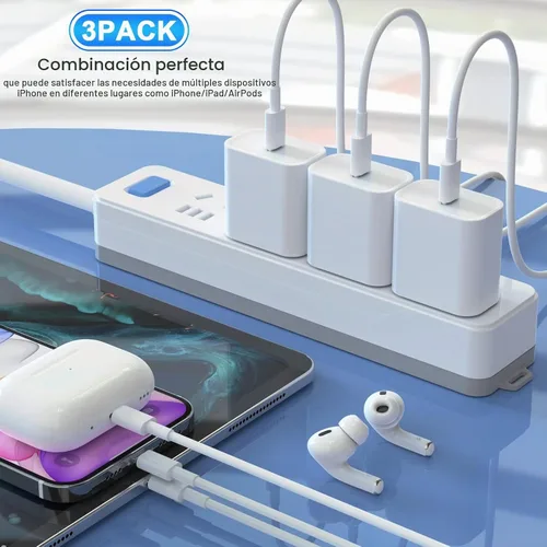 Vista 5 de iGENJUN - Paquete de 3 cargadores de iPhone [certificado MFi], bloque de cargador de pared USB C de 20 W PD con cable tipo C a Lightning de 6 pies
