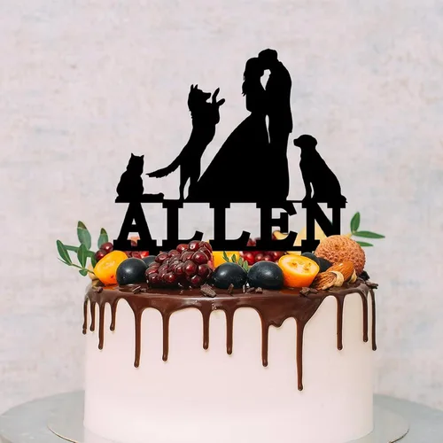 Vista 5 de Decoración para tartas de pareja con mascotas, dos perros y un gato, 5.9 pulgadas, acrílico, personalizable, fecha y nombre, novia y novio, tenedor