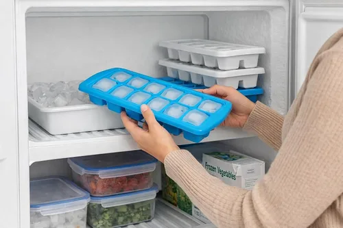 Vista 2 de Paquete de 4 bandejas apilables para cubitos de hielo para congelador, plástico sin BPA, juego de bandejas de hielo de 12 cubos para bebidas, café
