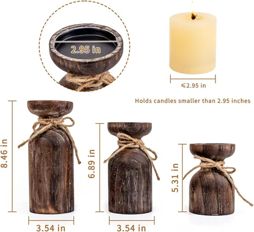 Vista 2 de Portavelas de madera de granja para velas de pilar, juego de 3 portavelas de madera rústica con cuerda de cáñamo, decoración de mesa de mesa