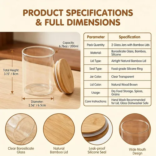 Vista 2 de 2 recipientes de vidrio de 6.8 fl oz/6.7 oz para almacenamiento de alimentos, recipientes herméticos para alimentos con tapas de madera de bambú