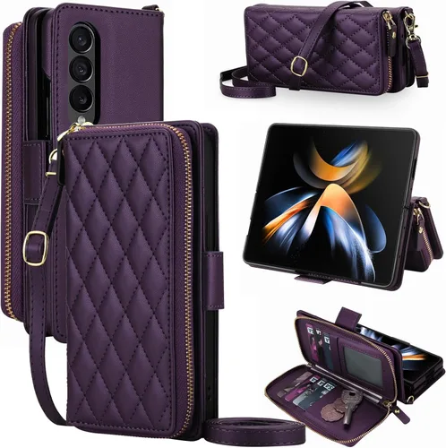 Vista 23 de Compatible con Samsung Galaxy Z Fold 3 5G 2021 - Funda tipo cartera con cremallera y bloqueo RFID, correa para tarjetero, ranuras para tarjetas Rojo
