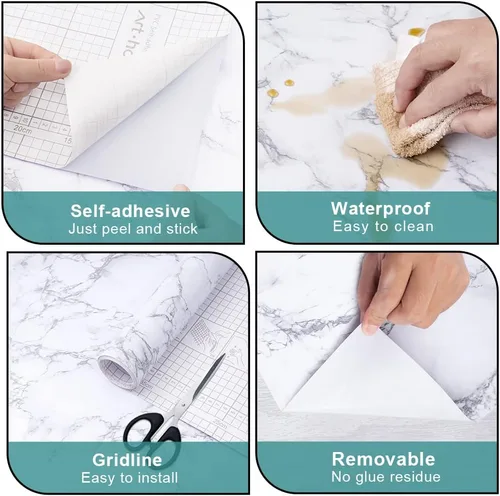 Vista 6 de Papel de mármol Arthome, papel pintado autoadhesivo, resistente al agua, vinilo de PVC brillante, a prueba de aceite, papel de granito blanco/gris