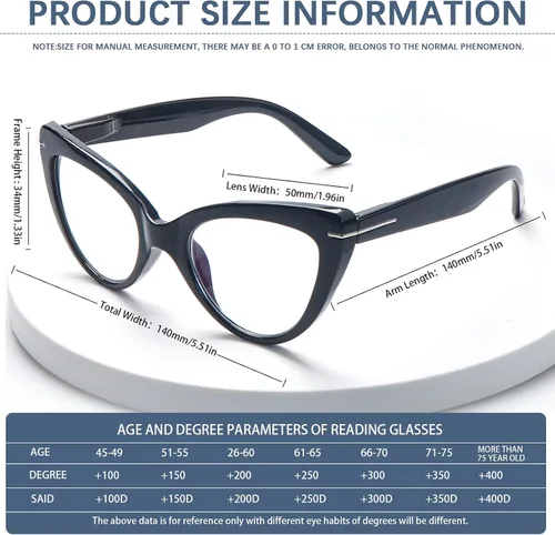 Vista 3 de Pack de 6 gafas de moda de ojo de gato para mujer con bloqueo de luz azul, bisagras de resorte extra grandes, lentes para computadora