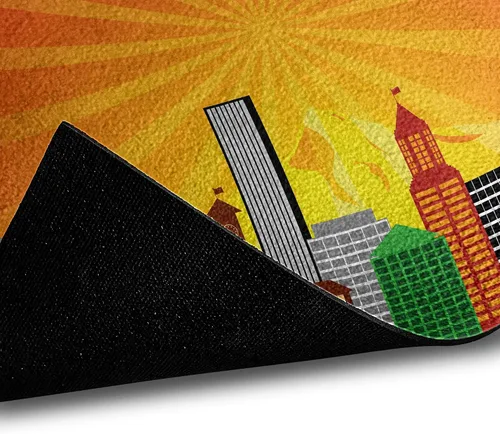 Vista 2 de Lunarable Oregon Felpudo de la ciudad de Portland Landmarks Hawthrone Bridge y arquitectura con fondo Sunburst, tapete decorativo de poliéster