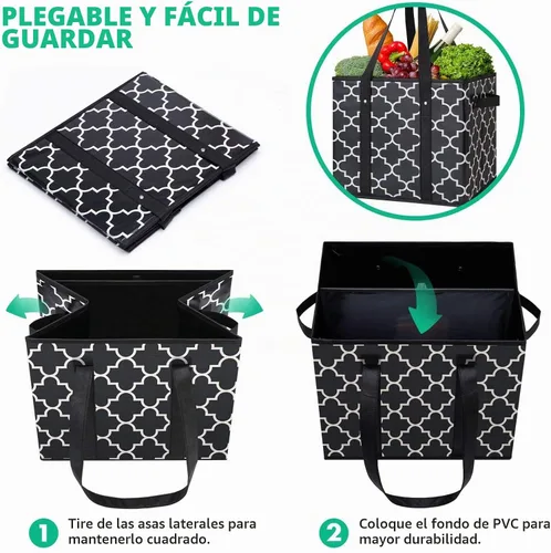 Vista 5 de Bolsas reutilizables para comestibles, paquete de 2 unidades, plegable, lavable, cesta de almacenamiento grande, color negro