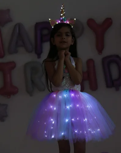 Vista 3 de Disfraz de unicornio para niñas con luz LED, tutú de princesa de unicornio para Halloween, cumpleaños, regalos de Navidad