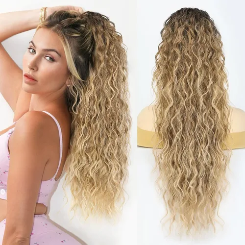 Vista 13 de Extensión de cola de caballo con cordón, extensión de cola de caballo larga y rizada para mujeres negras, extensiones de cabello negro de 26