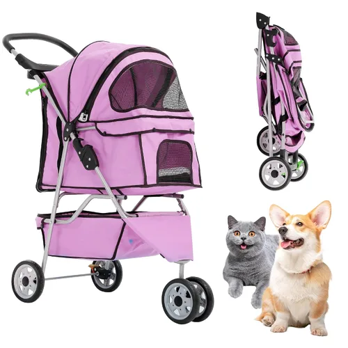 Vista 16 de Cochecito para perros con cesta de almacenamiento, cochecito para mascotas de 3 ruedas, transpirable, compacto, portátil, plegable, para viajes