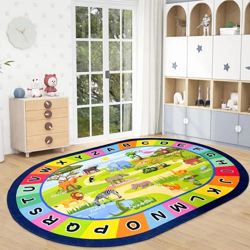 Vista 9 de USTIDE Alfombra ovalada para niños, 5 x 7 pulgadas, con letras del alfabeto ABC, alfombra educativa antideslizante, alfombra de juego para el aula