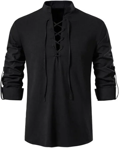Vista 10 de Camisas de manga larga para hombre, estilo retro, con cordones para disfraz medieval, vikingo, hippie, Halloween, cosplay, pirata, renacentista
