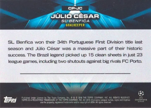 Vista 2 de 2015-16 Topps UEFA Champions League Showcase Pedigree #CP-JC Julio Cesar