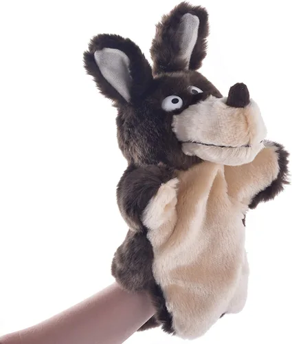 Vista 3 de Marionetas de mano de lobo, juguetes de animales de peluche para imaginativo juego de simulación, cuentos regalos para niños, marrón