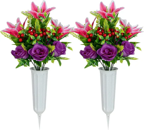 Vista 9 de XONOR Flores artificiales de cementerio para tumba, juego de 4 flores artificiales conmemorativas con jarrón para cementerio al aire libre, lápidas